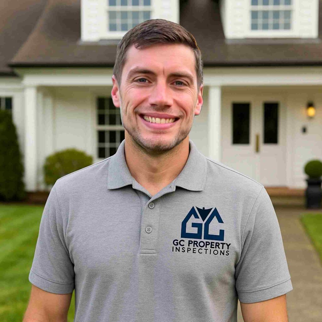 Greg Castiglione, licensed New Jersey home inspector and owner of GC Property Inspections, standing in front of a residential home wearing a branded GC Property Inspections polo shirt